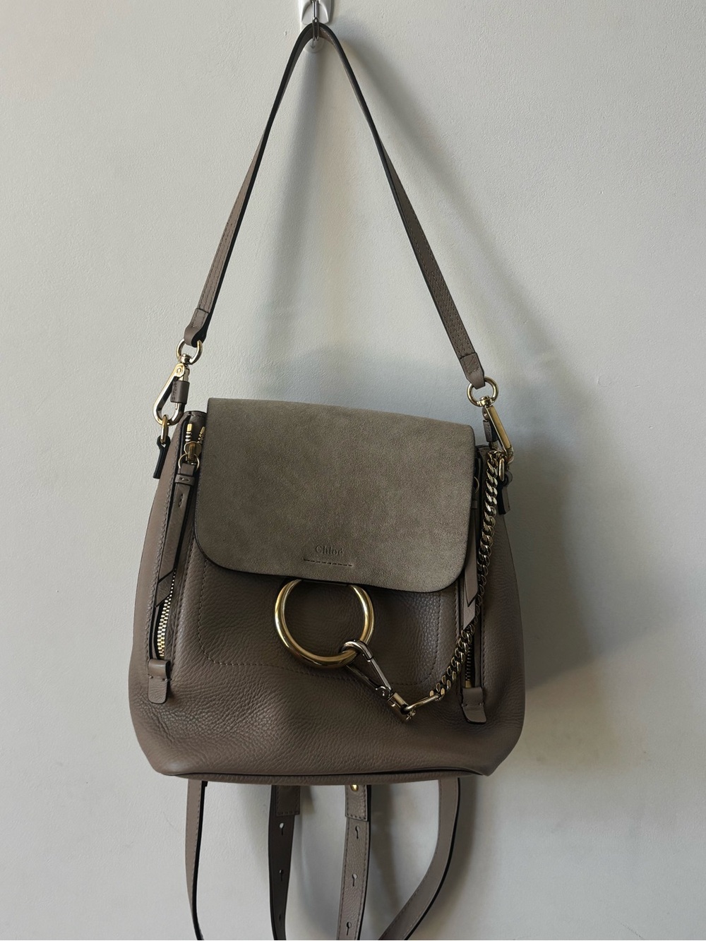 Chloé Taupe Leather and Suede Faye Crossbody with Gold Hardware